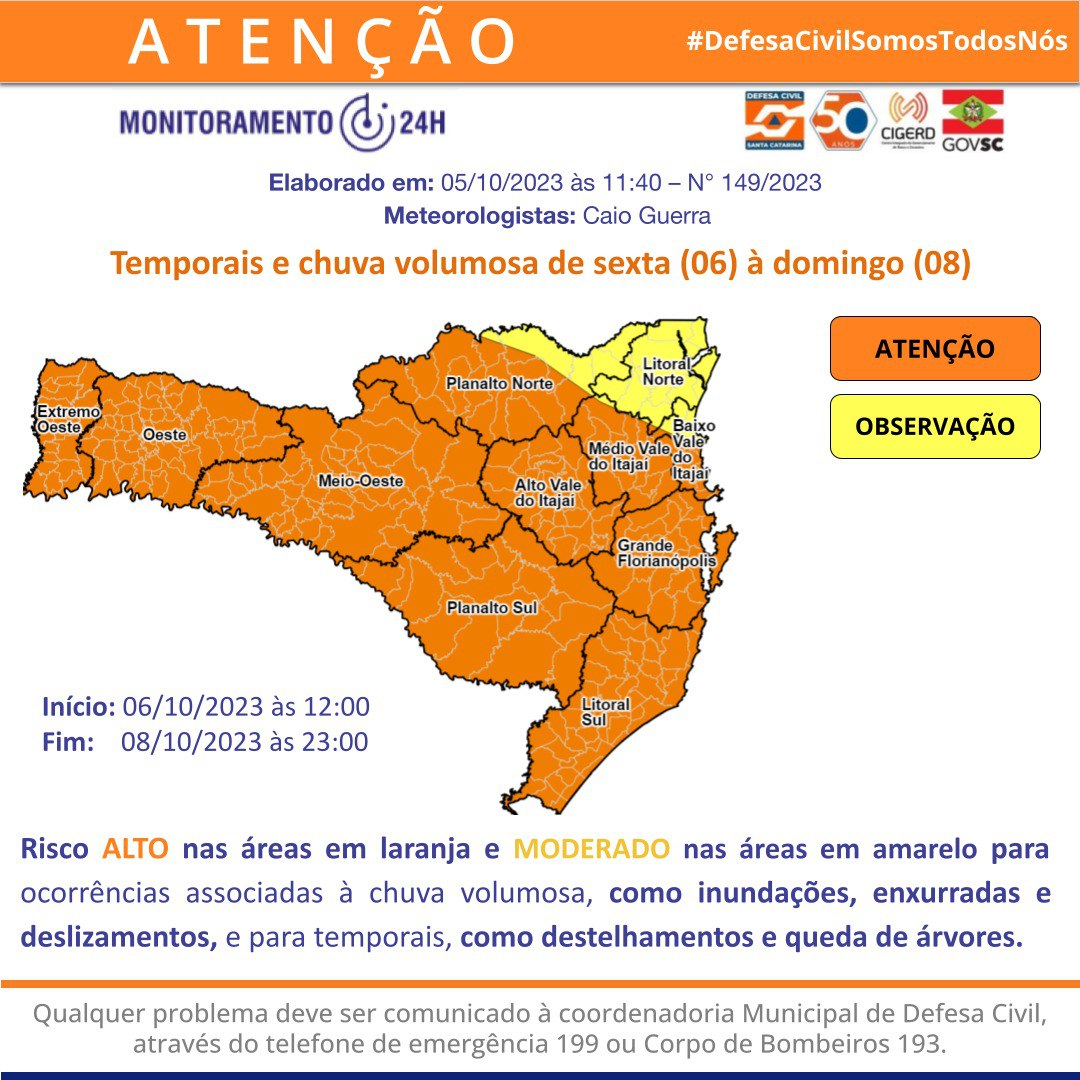 Defesa Civil Santa Catarina - OBSERVAÇÃO - 14/01 20:40 - CHUVA PERSISTENTE  de intensidade moderada para as regiões do Litoral Norte, Grande  Florianópolis e Baixo Vale do Itajaí nas próximas 3 horas. Ocorrências  ligue 199 ou 193.