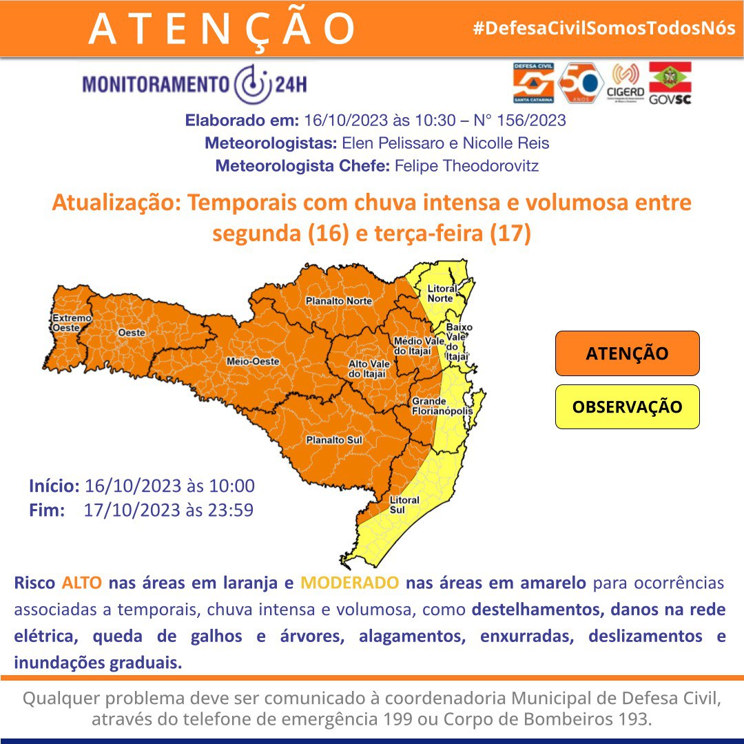 Defesa Civil Santa Catarina - OBSERVAÇÃO - 14/01 20:40 - CHUVA PERSISTENTE  de intensidade moderada para as regiões do Litoral Norte, Grande  Florianópolis e Baixo Vale do Itajaí nas próximas 3 horas. Ocorrências  ligue 199 ou 193.